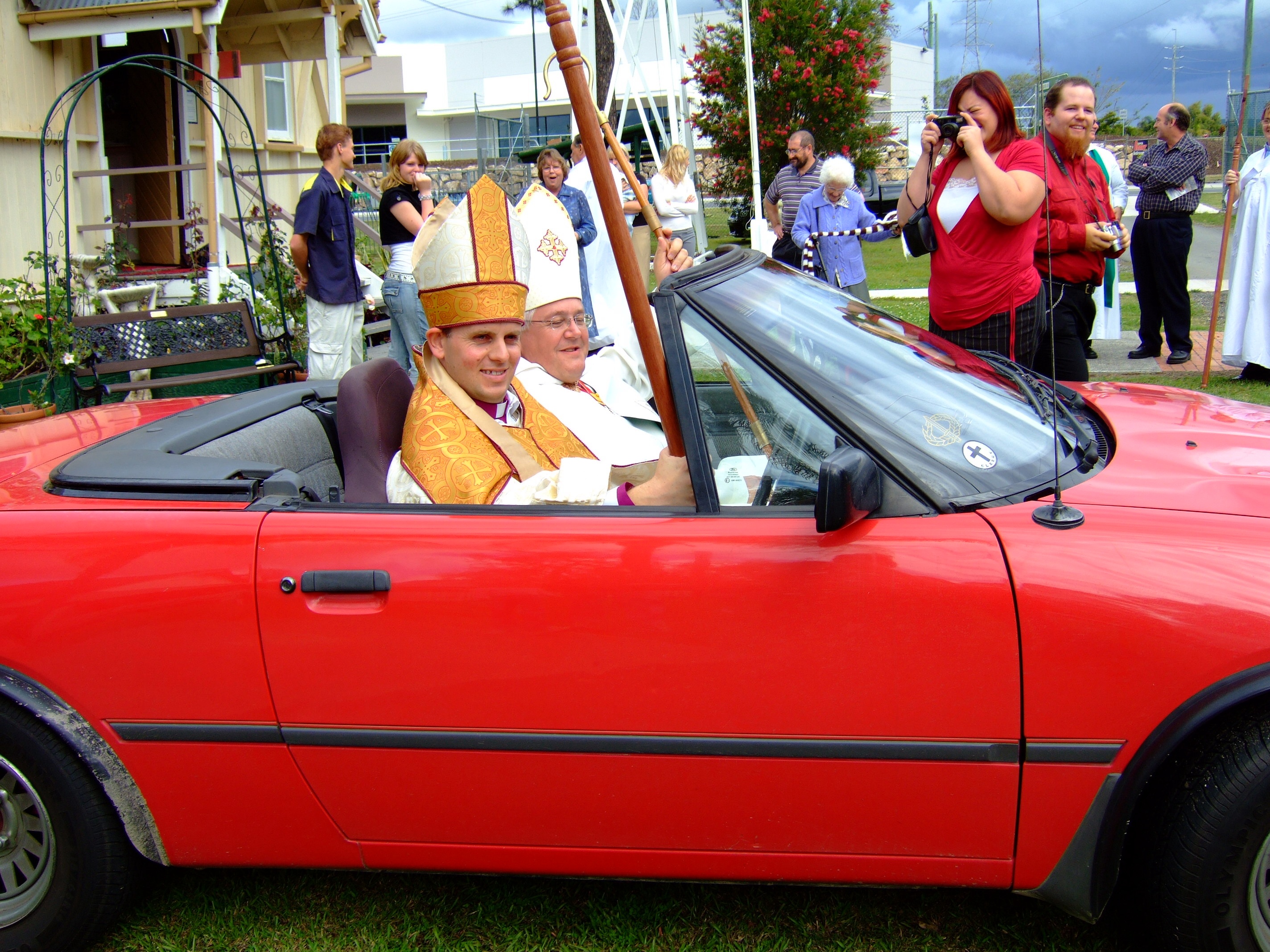 Bishop Peter and Bishop Barry in convertible